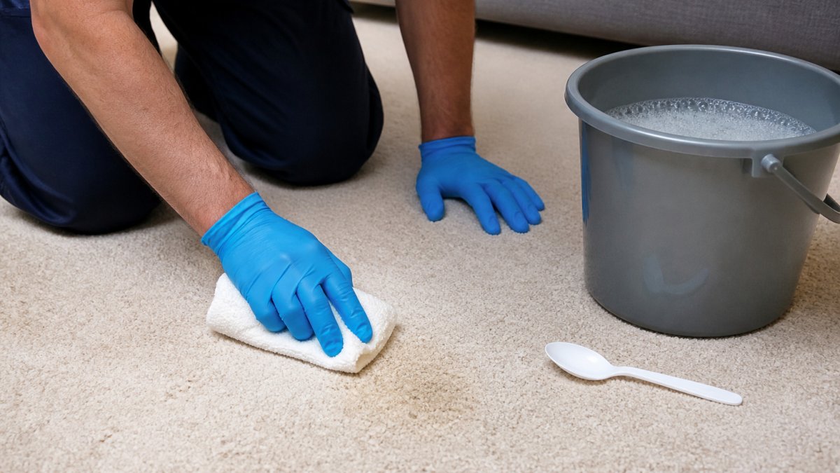 Gloved hands blotting a carpet with a white cloth to clean vomit carpet stains using a plastic spoon and solution
