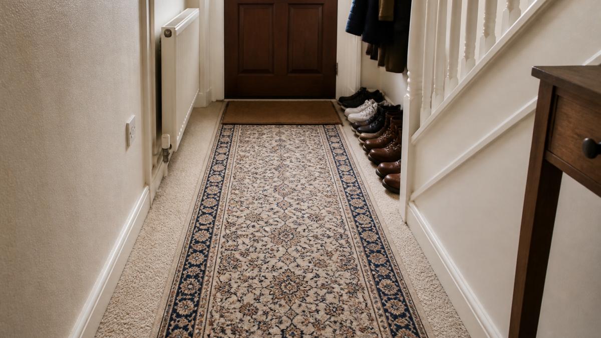 Patterned hallway runner protecting neutral flooring from carpet wear near a front door with neatly placed shoes.