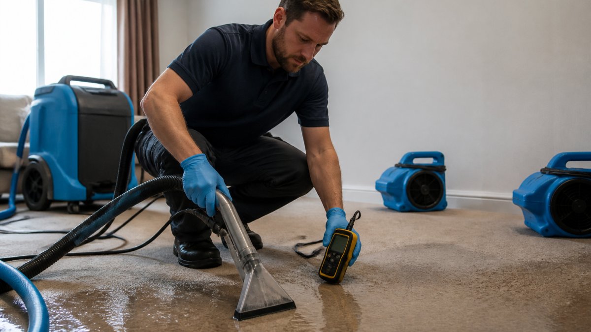 Professional technician using industrial water extraction equipment and moisture meter on saturated residential carpet with drying fans positioned in background